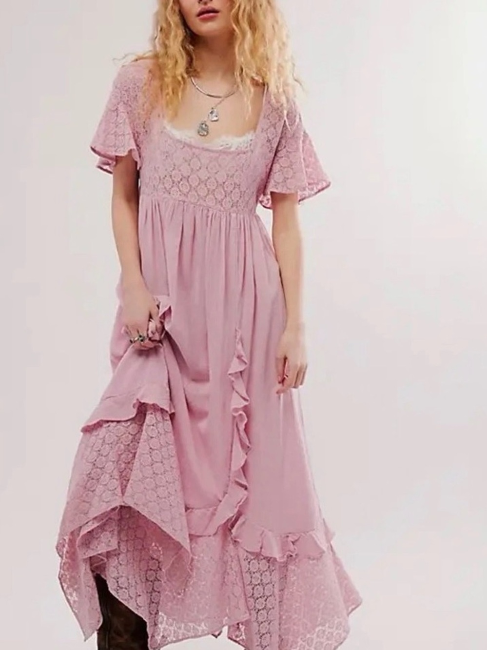 NWT Free People Romance Boho Lace Ruffle Maxi Dress in Dusty Pink